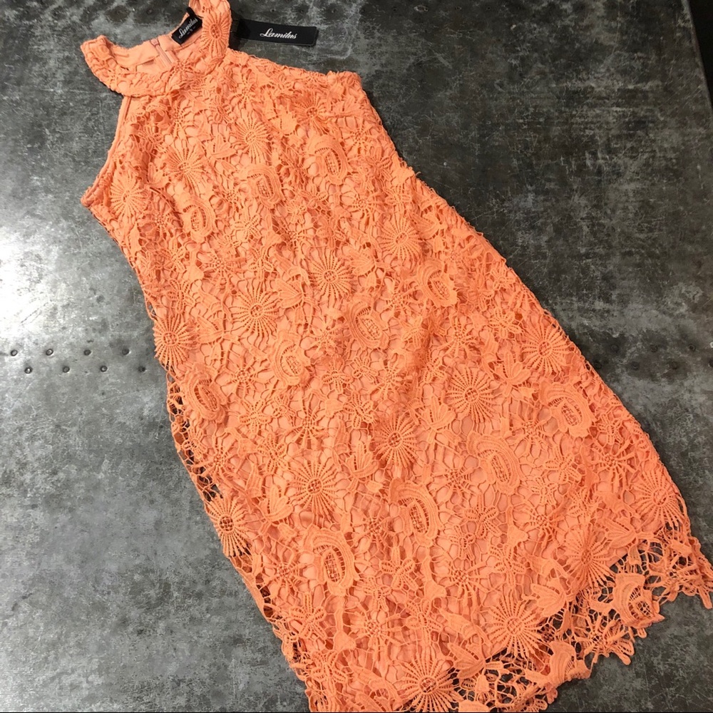 Coral Crochet Lace Halter Bodycon Mini Dress - Picture 5 of 9